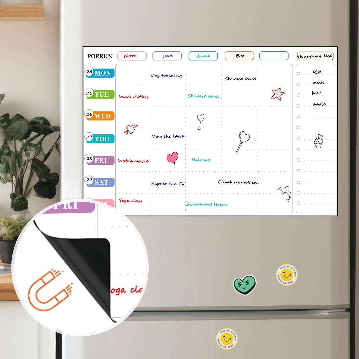 POPRUN Magnetic Weekly Family Planner Whiteboard Calendar for Fridge, A3 Meal Planner Board,Chores Chart for Family and Kids, Fridge Calendar Monday to Sunday, Dry Erase Board for Menu,Memo 43 x 28 cm