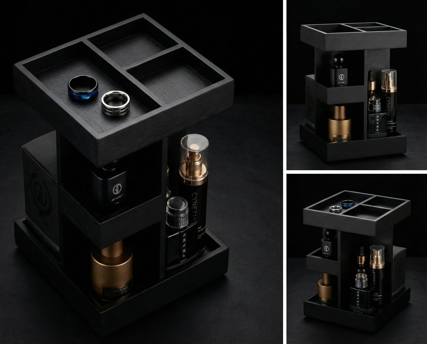 Aurenzo Cologne Organizer for Men, 3 Tier Black Wood Perfume Display Stand with 360° Rotate Base, Mens Cologne and Jewelry Organizer Shelf for Bathroom Countertop Storage & Nightstand, Gift for Men