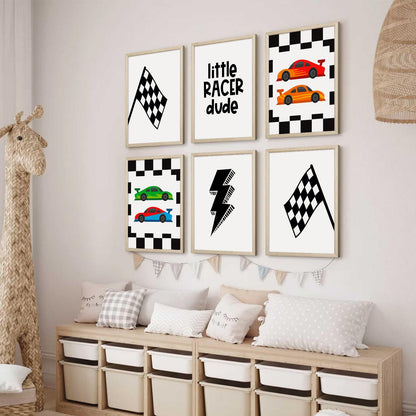 Race Car Wall Art Pictures Boys Room Wall Decor Nursery Toddler Canvas Wall Art Kids Playroom Art Prints Boys Race Car Poster Nursery Artwork Set of 6 for Bedroom 8x10 Inch Wood Framed