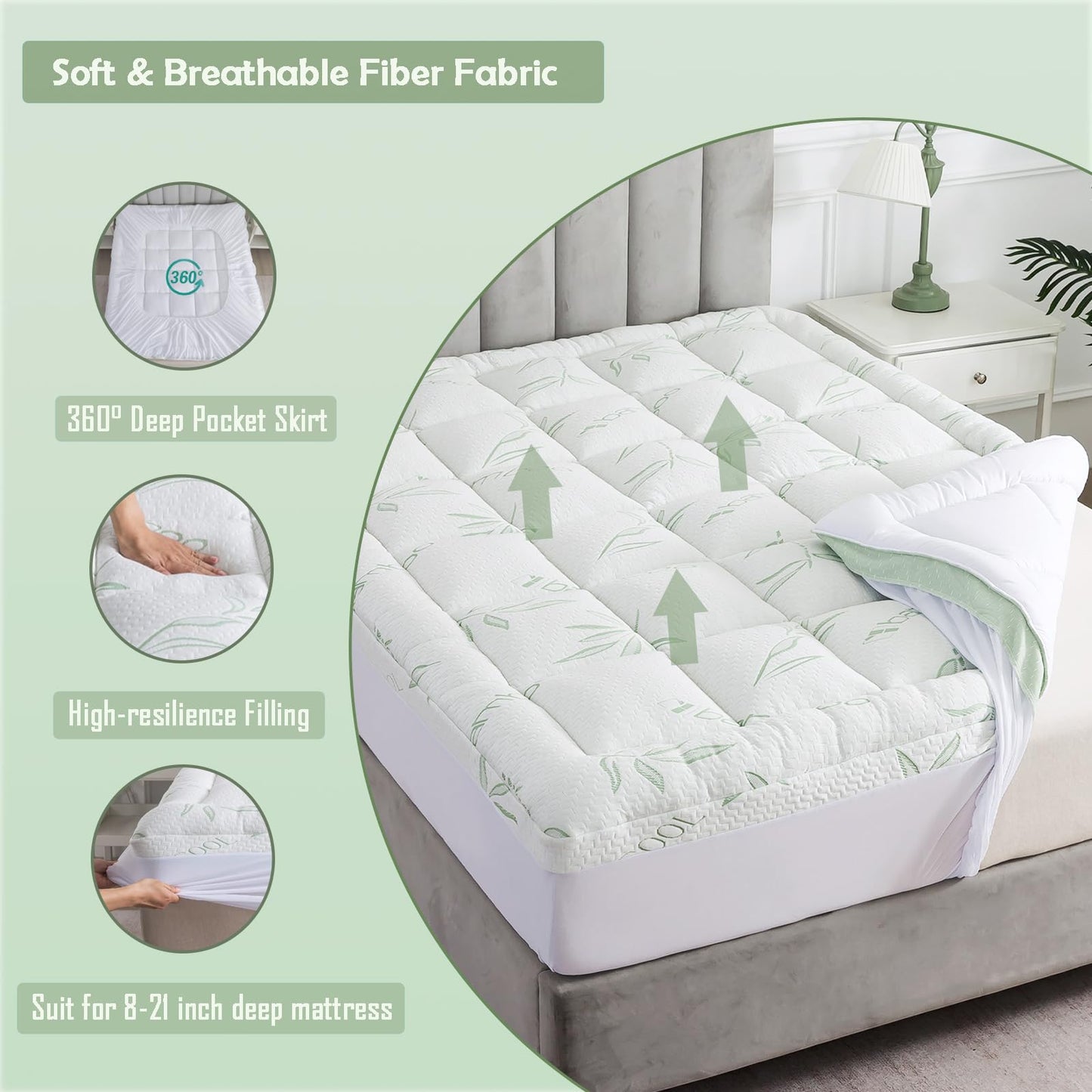 WhatsBedding Mattress Topper Twin, Soft Pillow Top Mattress Topper with Deep Pocket Fits 8–21 Inch,7D Spiral Fiber Filling, Bamboo Viscose Air Layer Twin Mattress Topper