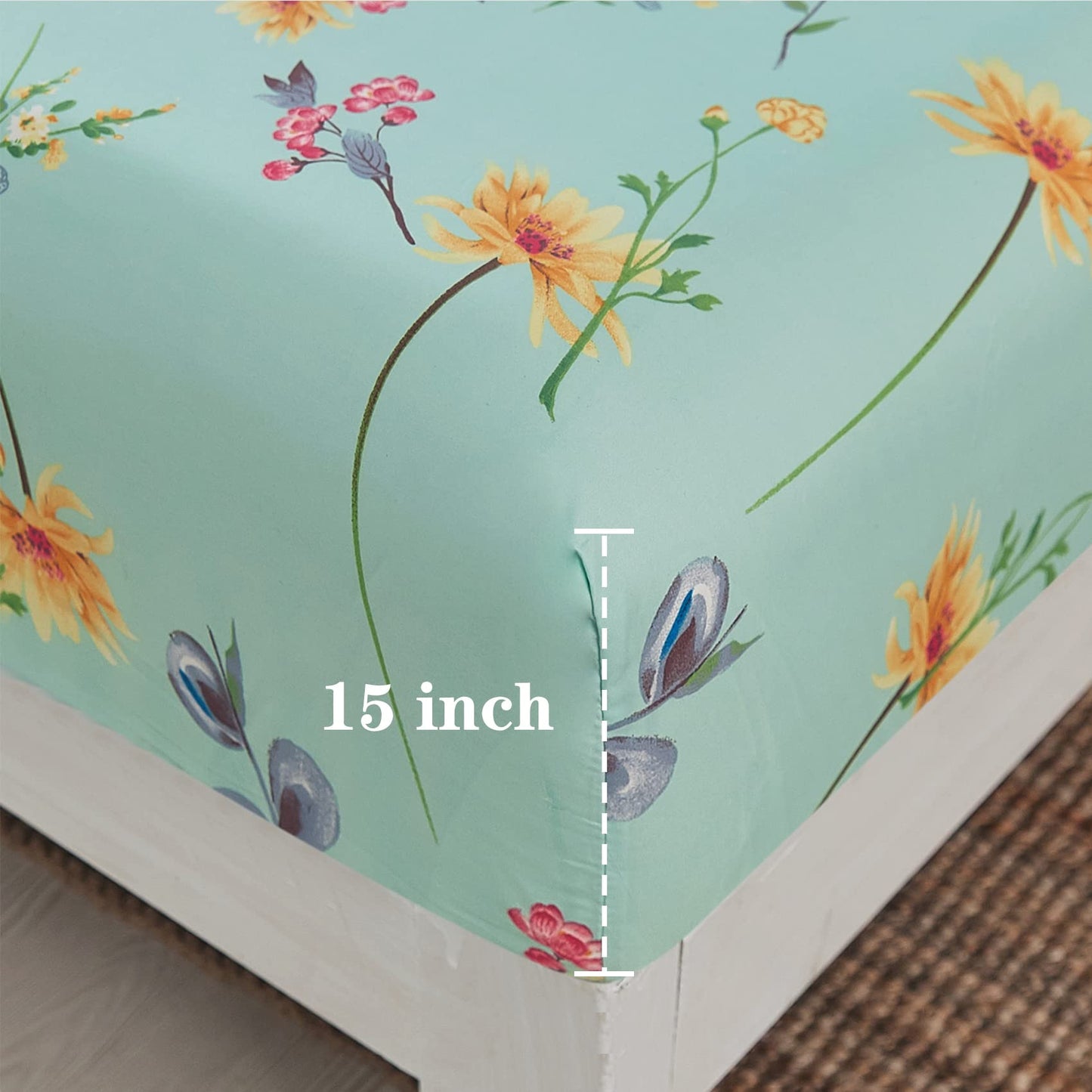 JSD Green Floral Printed Sheet Set King Size, 4 Piece Soft Botanical Microfiber Sheets Extra Deep Pocket