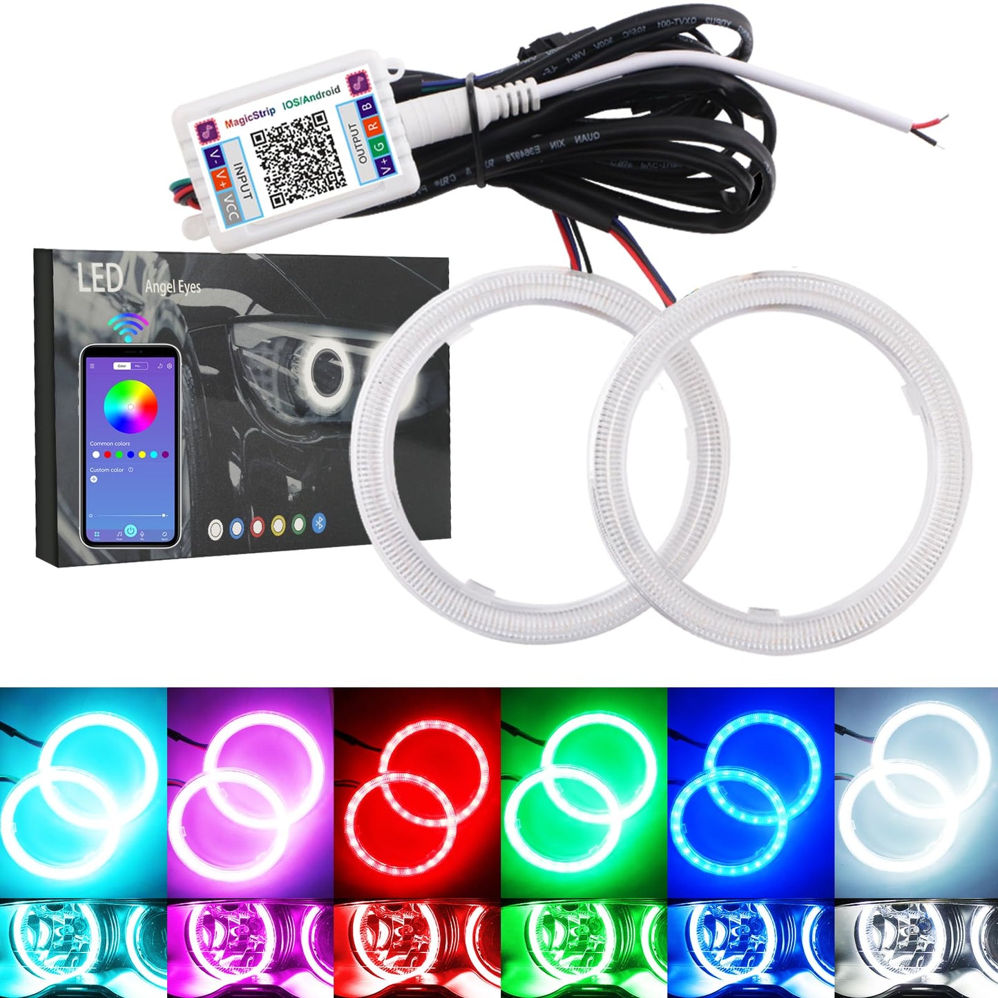 QasimLED 1-Pair 120MM 120SMD COB RGB LED Halo Ring Angel Eyes Universal for Motorcycle Car Headlight Warning Lamp with Cover Bluetooth Mobile APP Control 12V DC