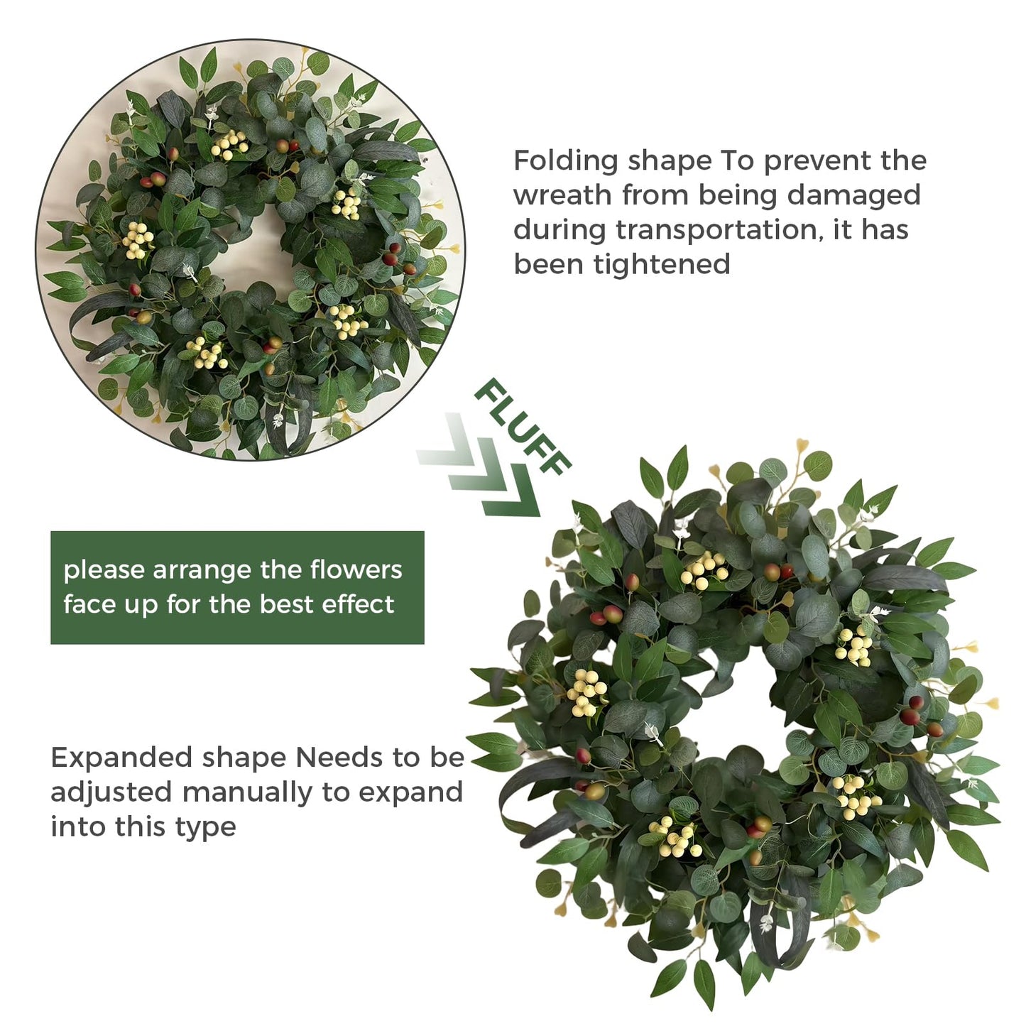 22-24" Eucalyptus Wreaths for Front Door,Spring Summer Fall Autumn Winter Wreaths,Large Eucalyptus Greenery Wreath with Olive Leaves Berries for Front Door Outdoor Farmhouse Decor All Seasons