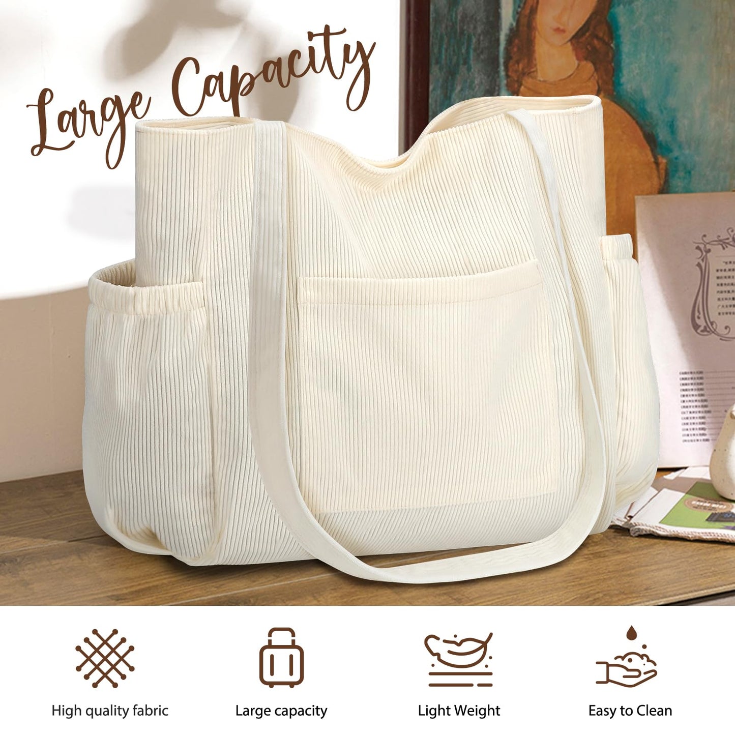 Corduroy Tote Bag for Women, Large Capacity Cute Tote Bags With 6 Pockets, Laptop Tote Bag Crossbody Shoulder Handbag Teacher Nurse Bags for Work Travel Gym(Beige)