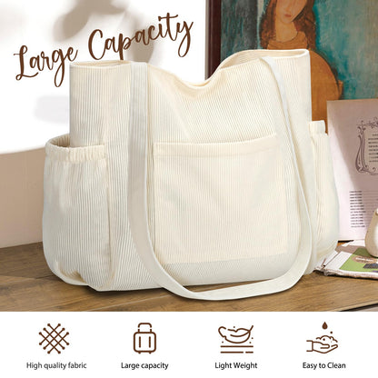 Corduroy Tote Bag for Women, Large Capacity Cute Tote Bags With 6 Pockets, Laptop Tote Bag Crossbody Shoulder Handbag Teacher Nurse Bags for Work Travel Gym(Beige)