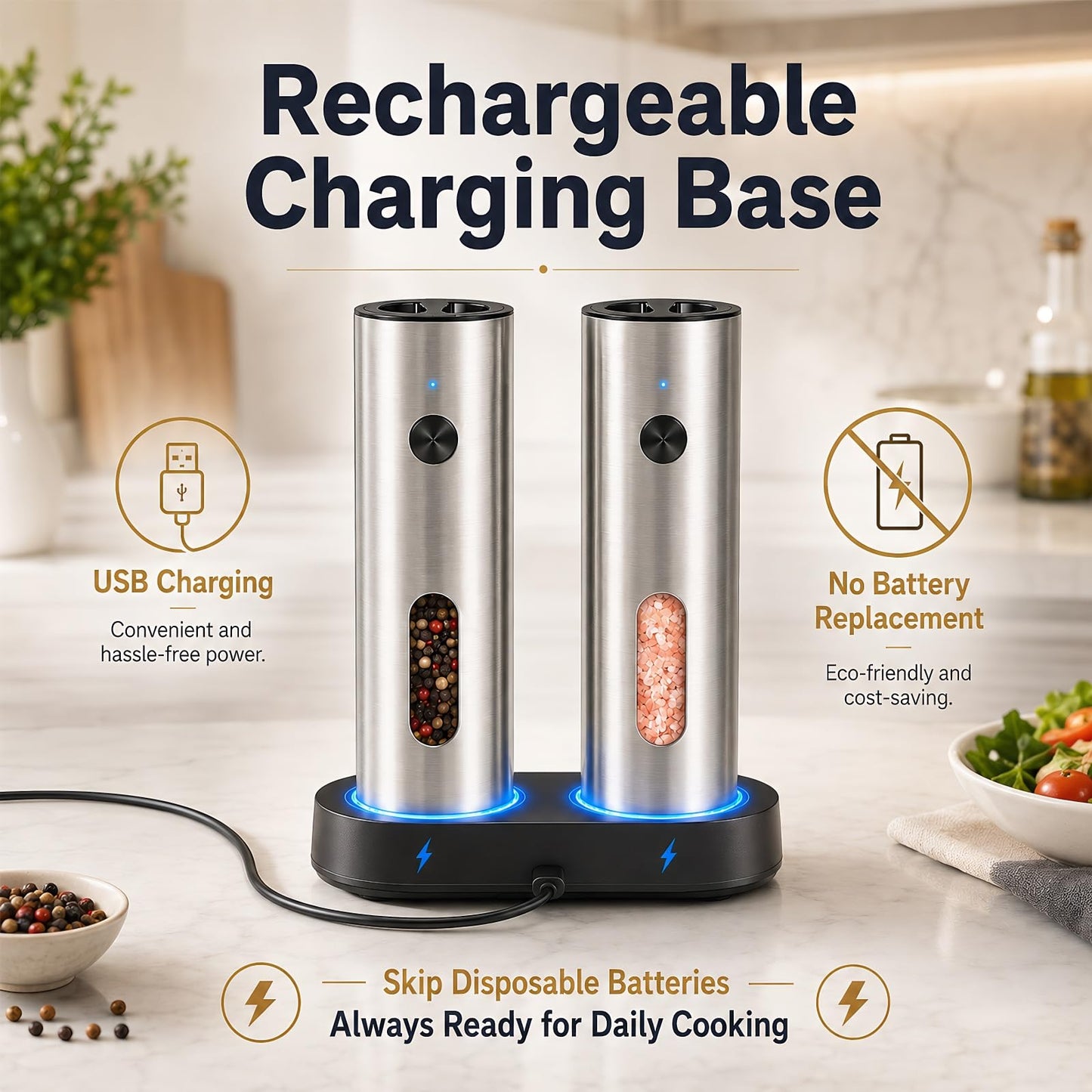 TeSabMi Electric Salt and Pepper Grinder Set, Rechargeable with USB C Charging Base, 110ml Large Capacity, 5-Level Adjustable Coarseness, Stainless Steel, LED Light, Automatic