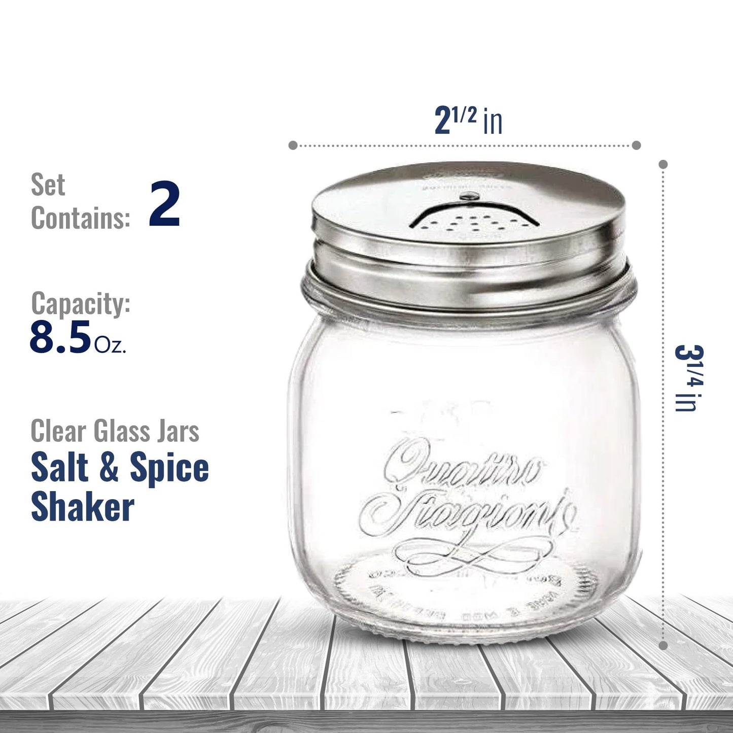 Bormioli Rocco Quattro Stagioni Spice Jar Set - 8.5 Oz, Durable Glass Mason Jars with Multi-Function Rotatable Lids, Stainless Steel Tops for Salt & Pepper - Made in Italy, Glass Spice Jars
