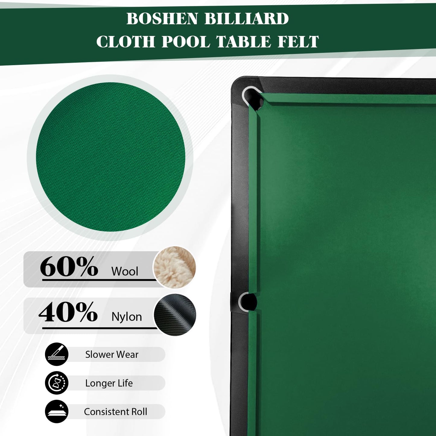 Boshen Worsted Blend Billiard Cloth Pool Table Felt Fast Speed for 7' 8' 9' Pool Table Pre Cut Bed & Rails