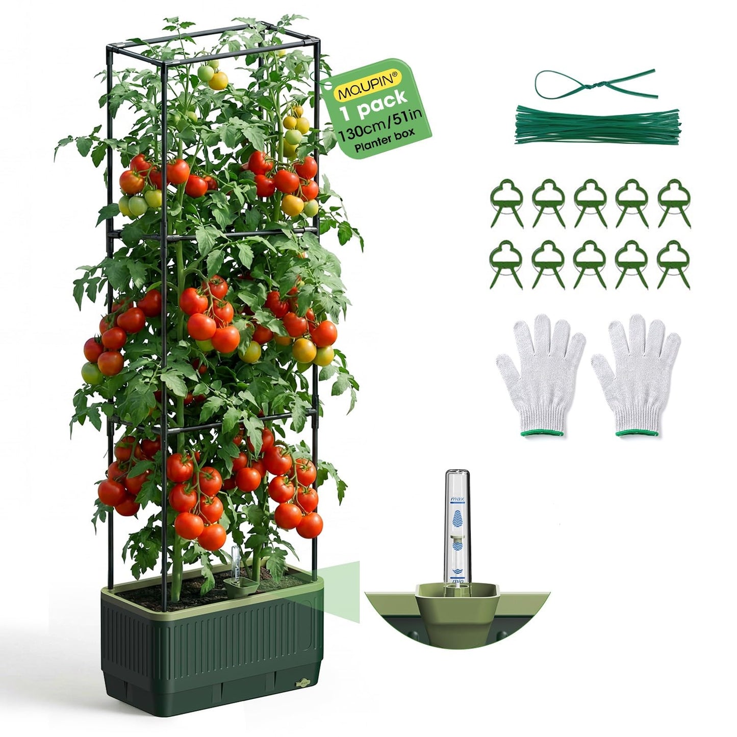 Raised Garden Bed Tomato Planter with Trellis, 52" Self Watering Tomato Planter with Water Level Indicator, Larger Rectangular Tomato Cages for Indoor & Outdoor Climbing Vegetable and Plants (1)