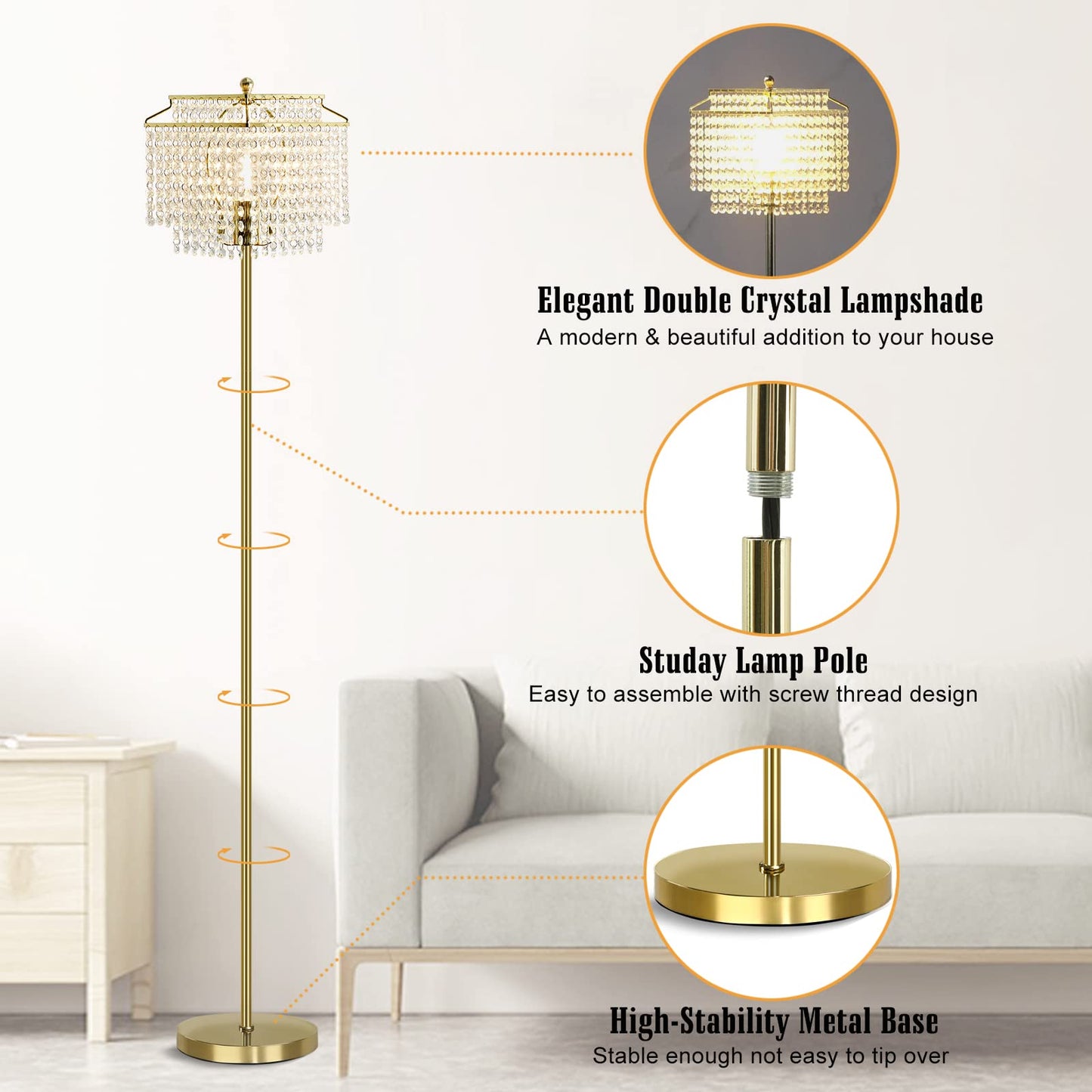 Luvkczc Gold Crystal Floor Lamp, 64" Tall Elegant Standing Lamp with On-Off Foot Switch, Double-Layer Lampshade, Standing Floor Lamps for Living Room, Bedroom, Office, 8W LED Bulb Included