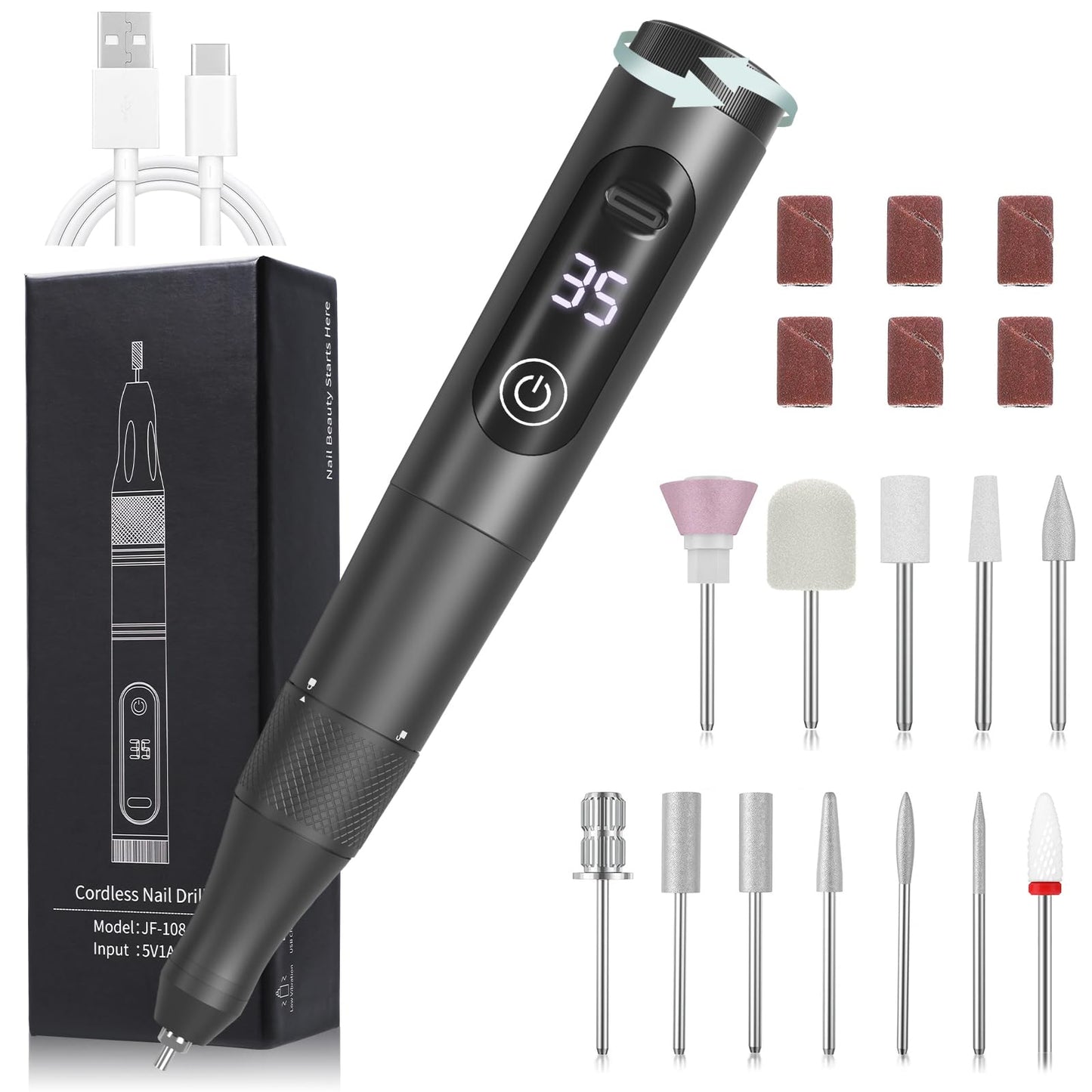 Cordless Nail Drill, 35000RPM Professional Efile Nail Drill Machine, LCD Display Rechargeable Portable Electril Nail Drill with 12pcs Bits and 6pcs Sanding Bands for Acrylic Nails Gel Polish Remover
