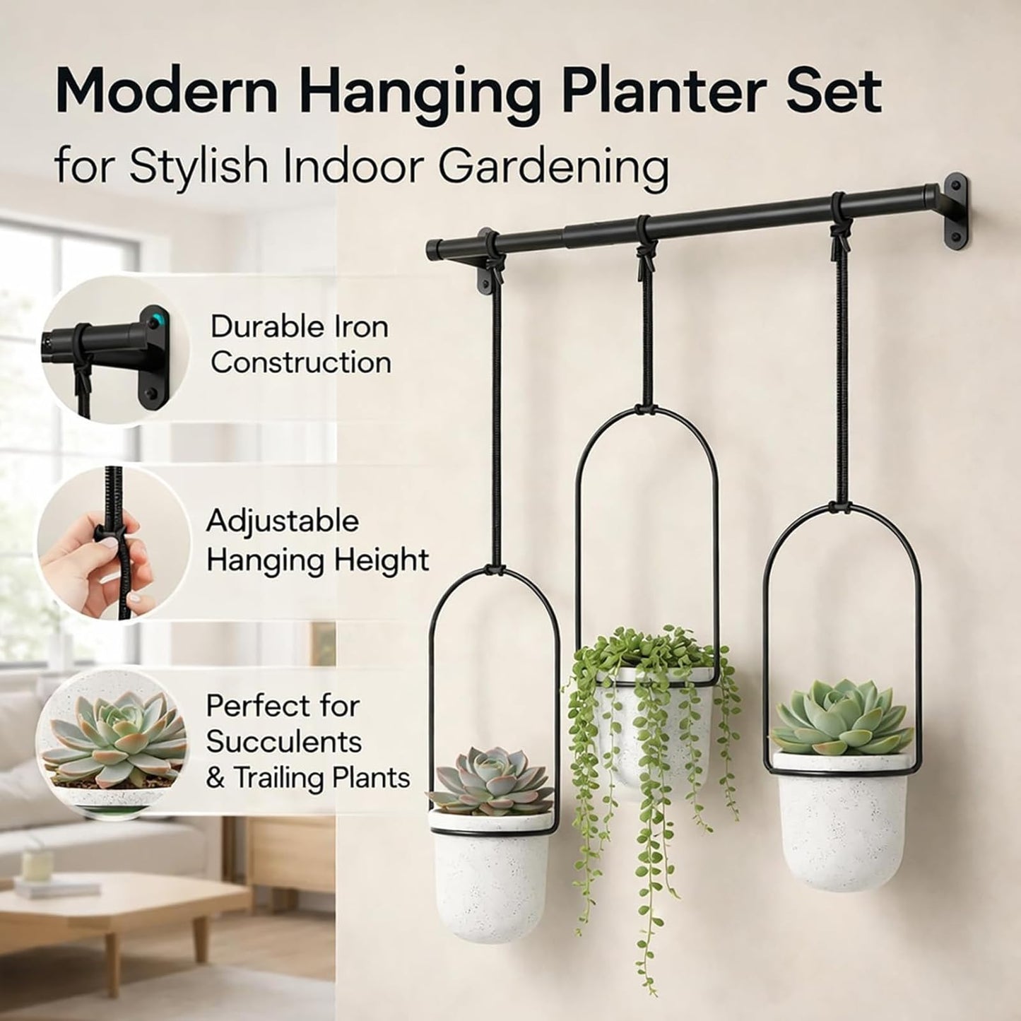 Adjustable Hanging Window Planter Set, Window Hanging Planters, Indoor and Outdoor Wall Plant Hanger, with 3 Plastic Pots, Flexible Nylon Rope, for Windows and Ceilings (Black)