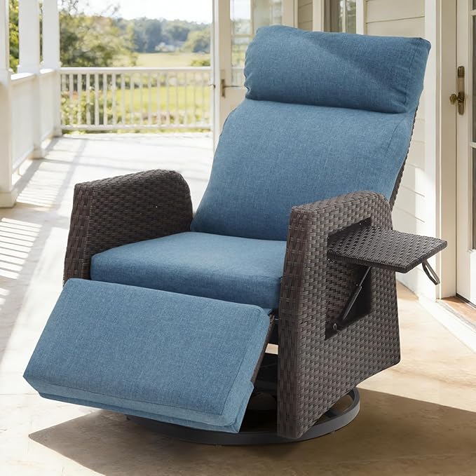 Adjustable Outdoor Recliner Chair with Independent Backrest & Footrest, Patio Swivel Recliner Chair, Wicker Reclining Patio Chair w/Flip-Up Table, Air Pump 155° Lay Flat Chaise Lounge, Blue
