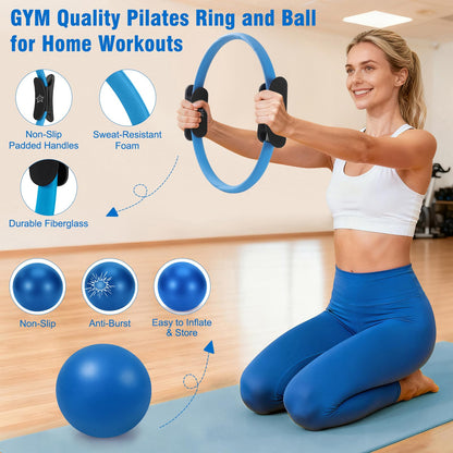 Muuruu Pilates Equipment Kit for Home Workout, Pilates Ring and Ball Set for Women, 14'' Magic Circle Essentials Accessories Kit, Wrist Weights, Resistance Bands, Yoga Strap, Socks, Bag Blue