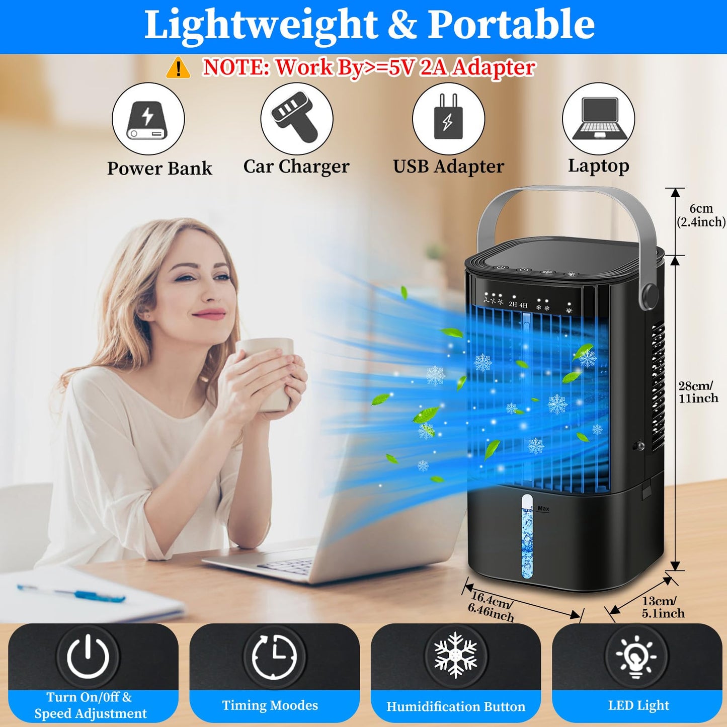 Upgraded Portable Air Conditioners- Evaporative Air Cooler,Portable AC with 3 Wind Speed & Mist, Mini Cooling Fan Personal Air Conditioner with 7 Night Light & 2-4H Timer for Bedroom Office Home-Black