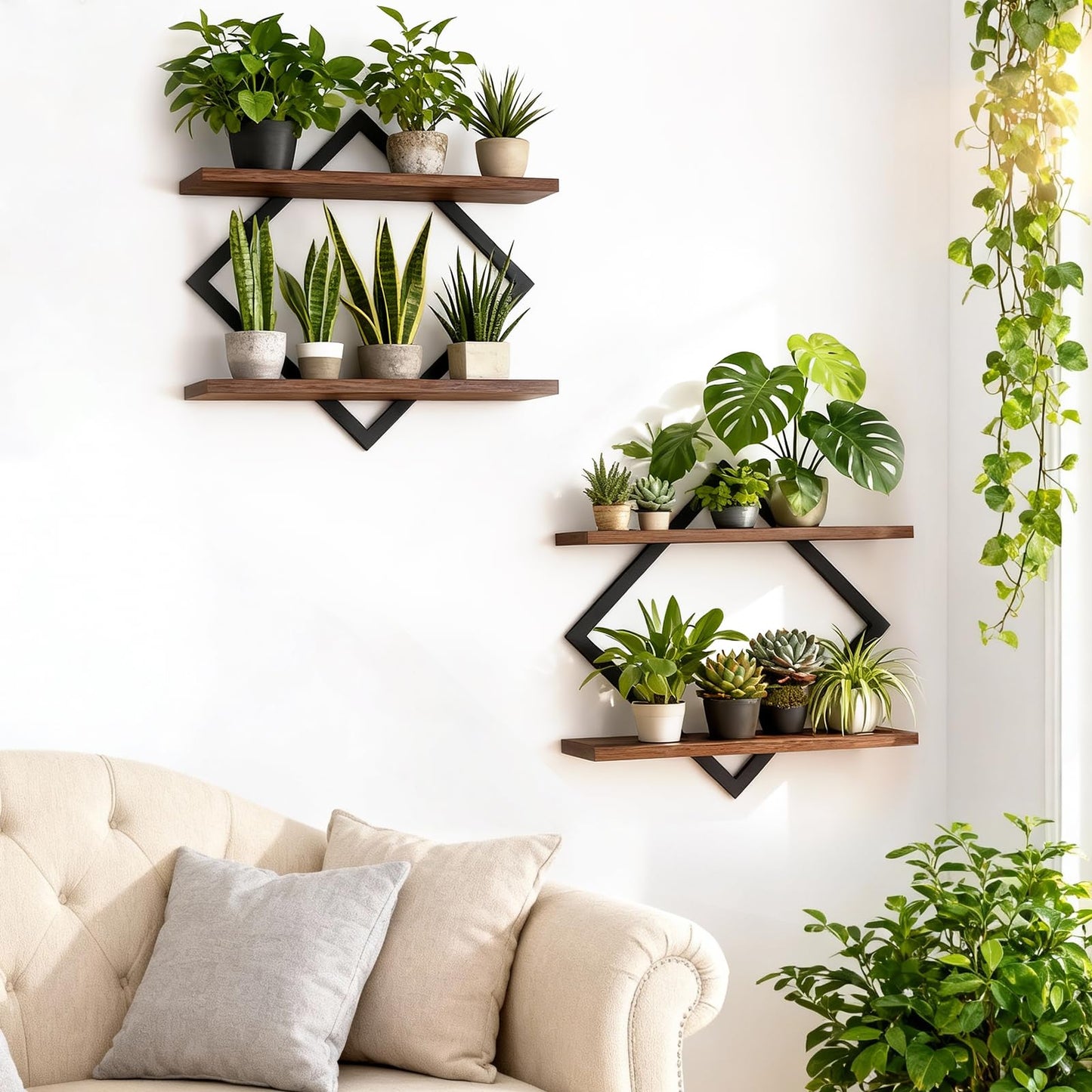 TALVADI Set of 2 Floating Shelves for Wall Planters for Indoor Plants Wall Plant Holder Plant Stand Indoor for Small Plant Window Plant Hanging Wall Shelves for Living Room Bedroom Bathroom (Brown)