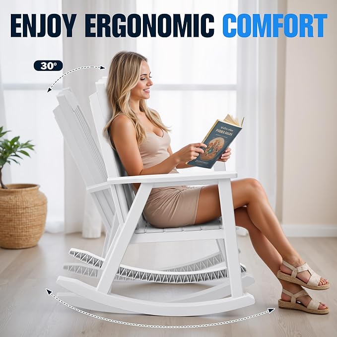 Devoko PP Material Rocking Chair Outdoor Indoor All Weather High Back Patio Rocker for Adult Heavy Duty Rocking Chair for Patio Backyard Porch Garden (Heavy Duty, White)