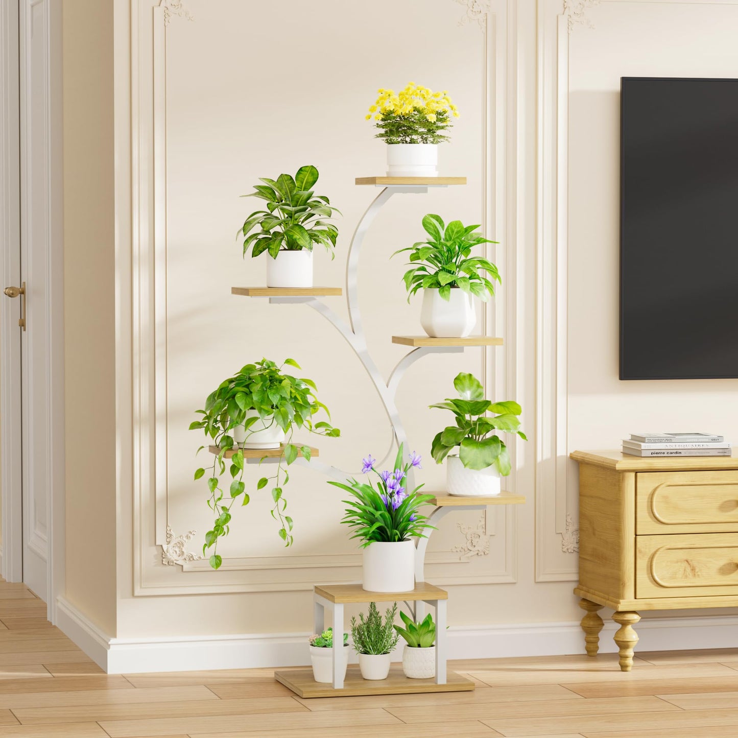 BACEKOLL Plant Stand Indoor with Grow Lights, 7 Tiered Plant Shelf Indoor, 49" Corner Plant Stands for Indoor Plants, Metal Plant Flower Display Shelf, Tree-Shaped Plant Rack for Home, Patio, White