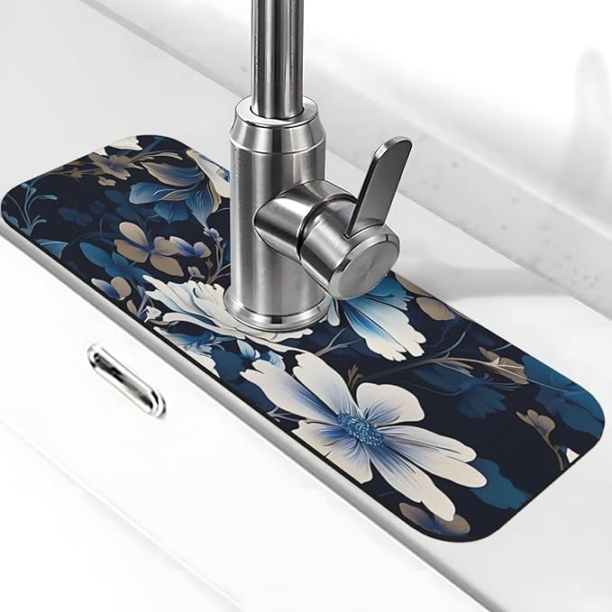 Blue flowers Kitchen sink faucet pad, strong water absorption, anti slip