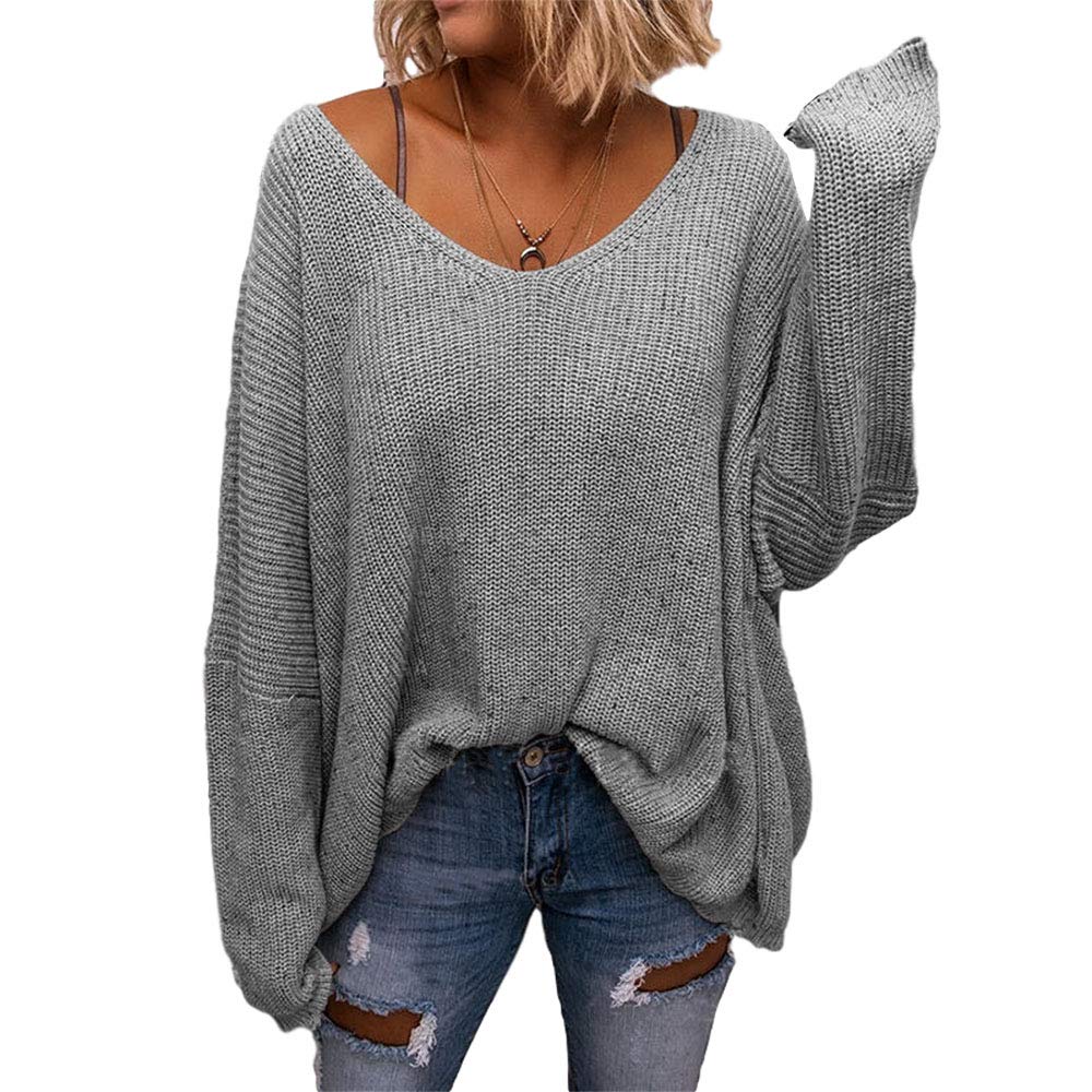 BZB Women's V Neck Long Sleeve Knit Loose Oversized Pullover Sweater Top