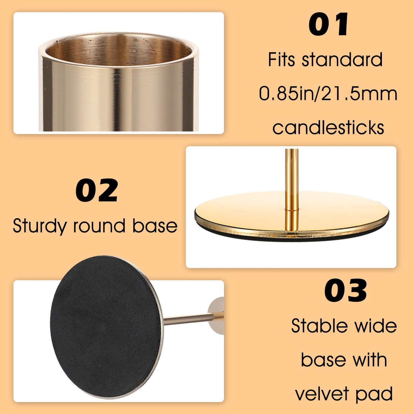6 Pcs Gold Taper Candle Holders Set, Metal Candlestick Holder for Dining Table Centerpiece, Wedding, Mantel Decor, and Housewarming Gift