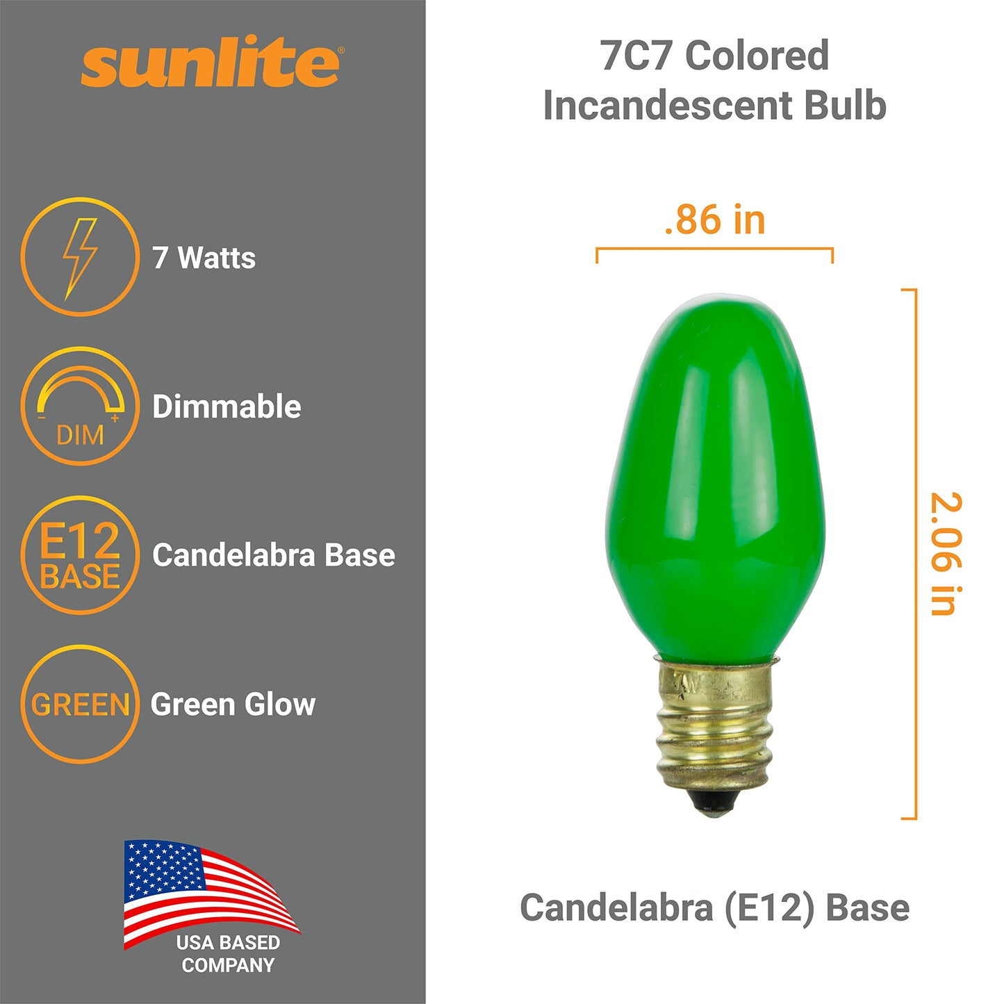 Sunlite 01260 7C7 Incandescent Bulb, 7 Watt, Candelabra E12 Base, C7 Small Night Light, Colored Bulb, Green, 25 Count
