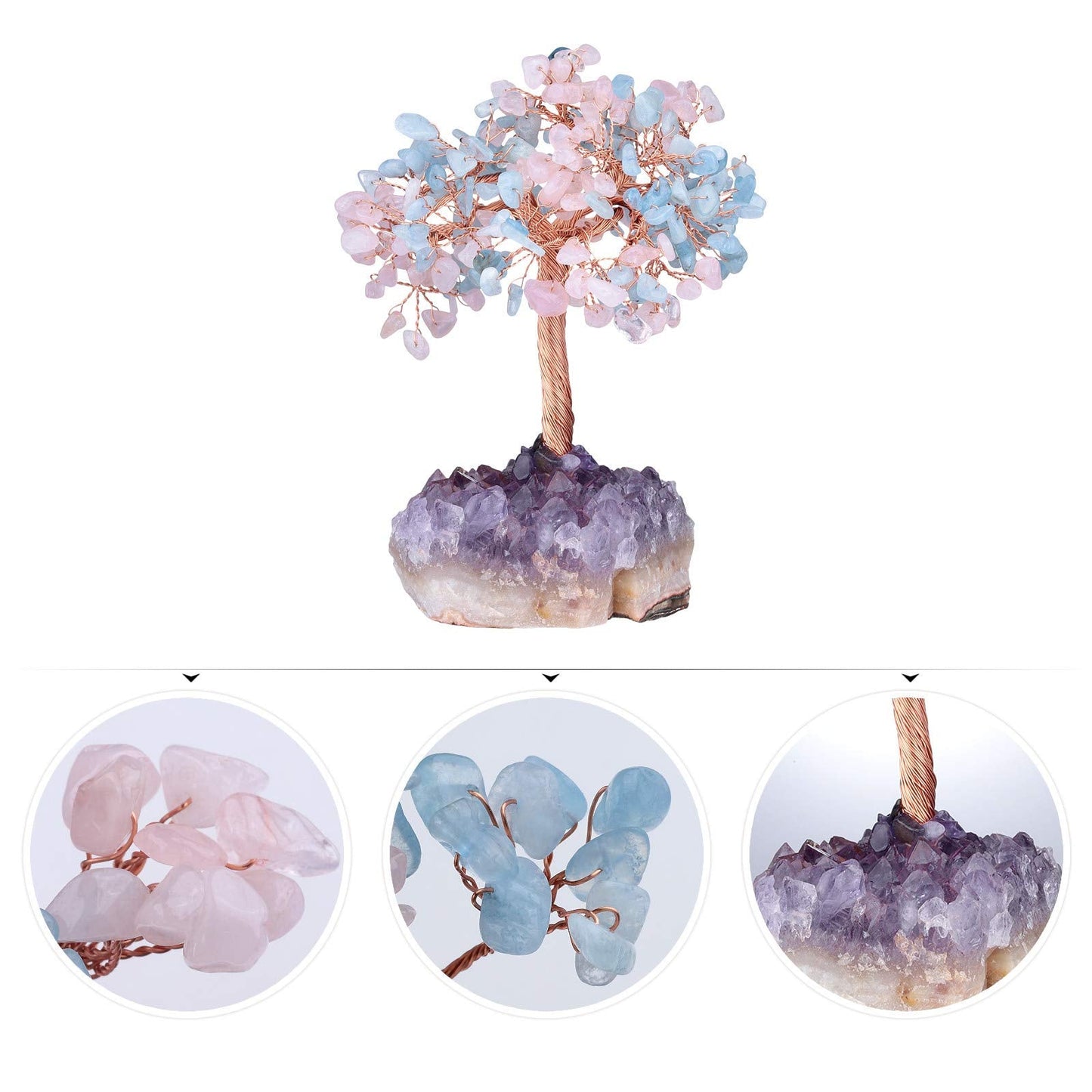 TUMBEELLUWA Natural Crystal Chips Money Tree for Good Luck and Wealth Handmade Stones Figurine Bonsai Tree with Natural Amethyst Cluster Base, Rose Quartz+Aquamarine