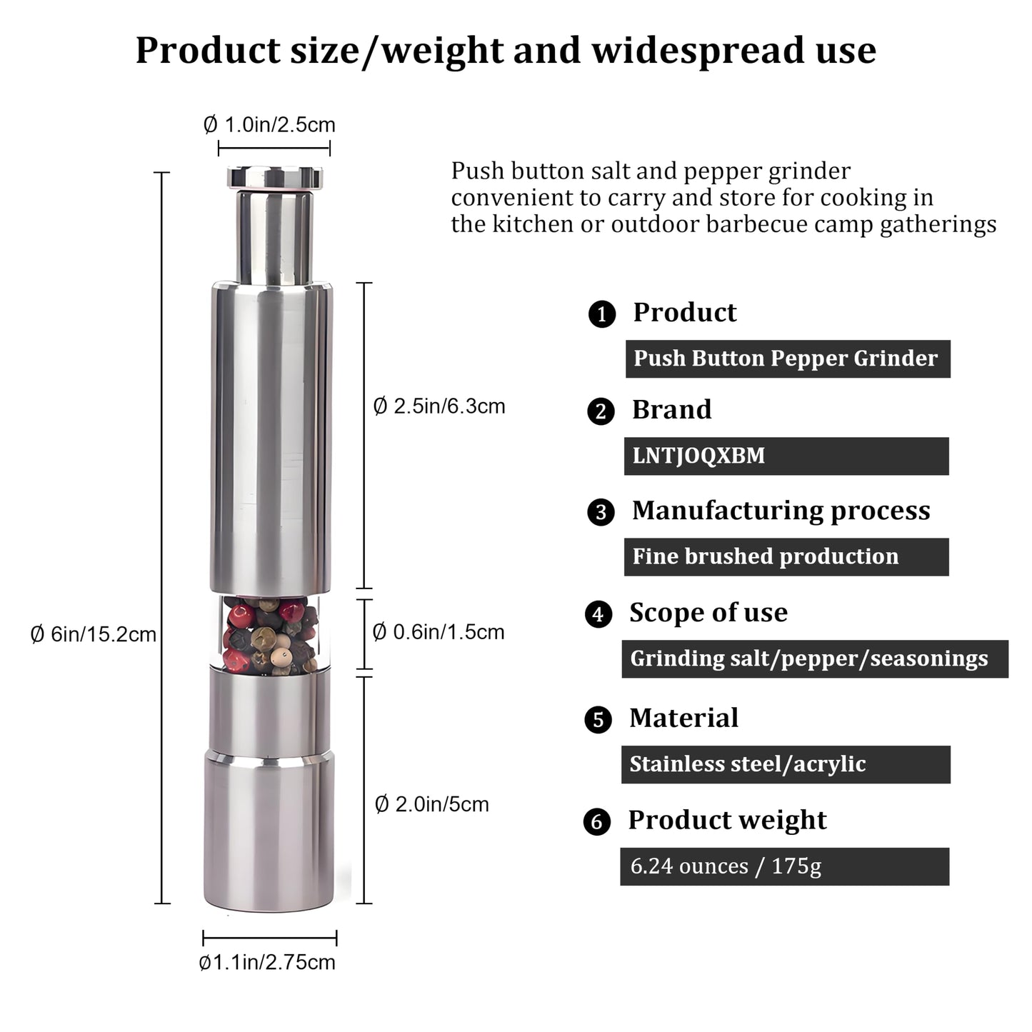 LntJoQxbm Push button salt and pepper grinder, One handed seasoning spice mill gadgets, 1 Pcs or Buy more, Solid stainless, silver