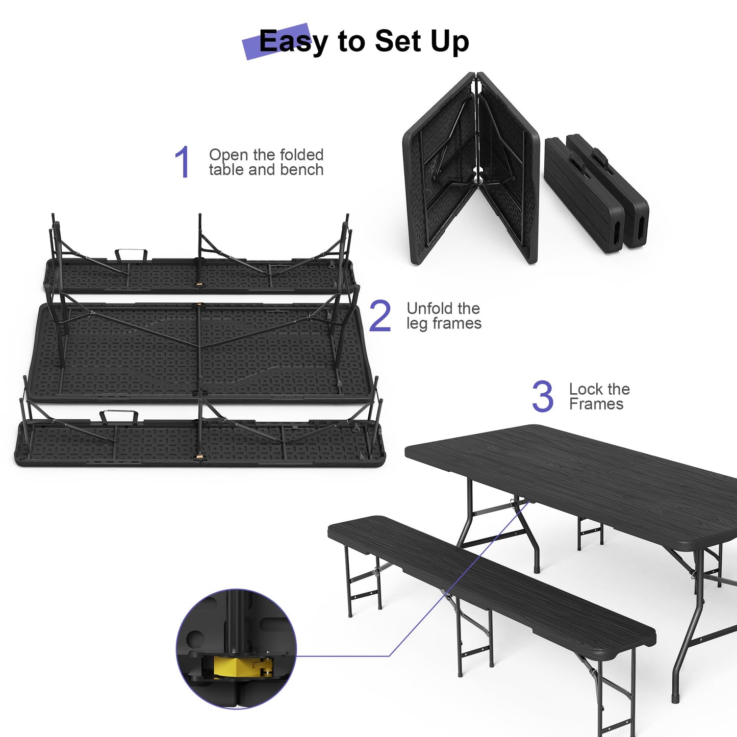 VSOAEIL 6 Foot Folding Picnic Table Set with 2 Benches, HDPE Tree Pattern Top, 3-Piece Portable Indoor Outdoor Furniture with Safety Locks & Handle for Party Camping, Black