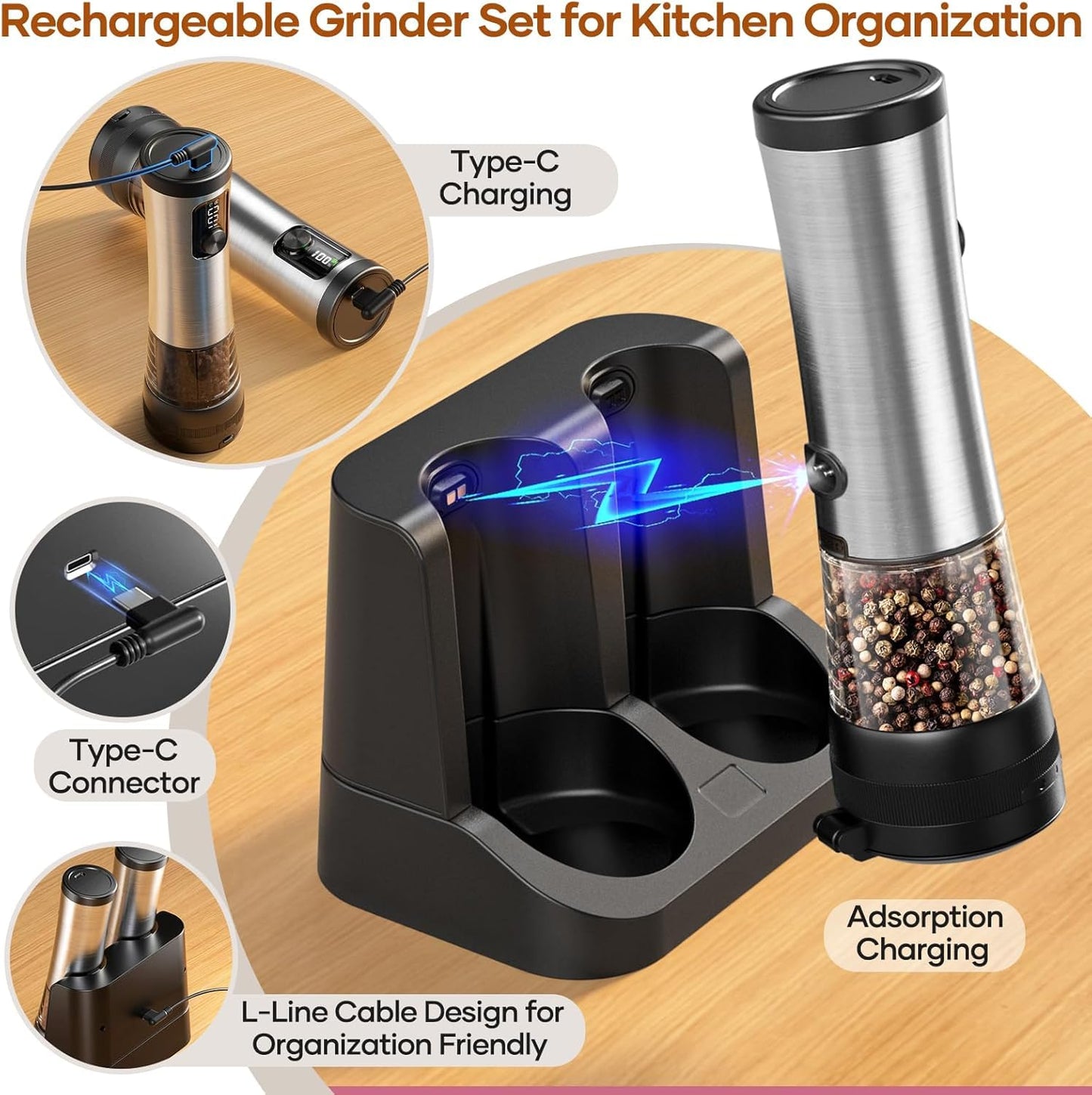 Electric Salt and Pepper Grinder Set, Automatic Rechargeable Salt and Pepper Grinder Set with 5 Adjustable Coarseness, Charging Base, LED Light Electric Salt and Pepper Shakers Set 100mL base (2-Pack)