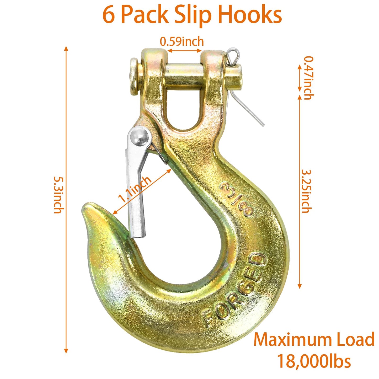 Lawei 6 Pack 3/8 Inch Clevis Slip Hook with Safety Latch, G70 Forged Steel Chain Hooks, Heavy Duty Solid Tow Hook for Truck Trailer Winch Transport, 18,000lbs Capacity, Yellow Zinc Coated Hooks