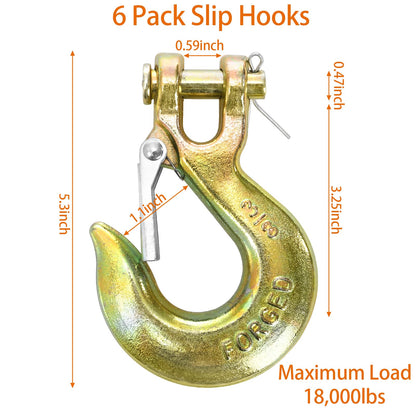 Lawei 6 Pack 3/8 Inch Clevis Slip Hook with Safety Latch, G70 Forged Steel Chain Hooks, Heavy Duty Solid Tow Hook for Truck Trailer Winch Transport, 18,000lbs Capacity, Yellow Zinc Coated Hooks