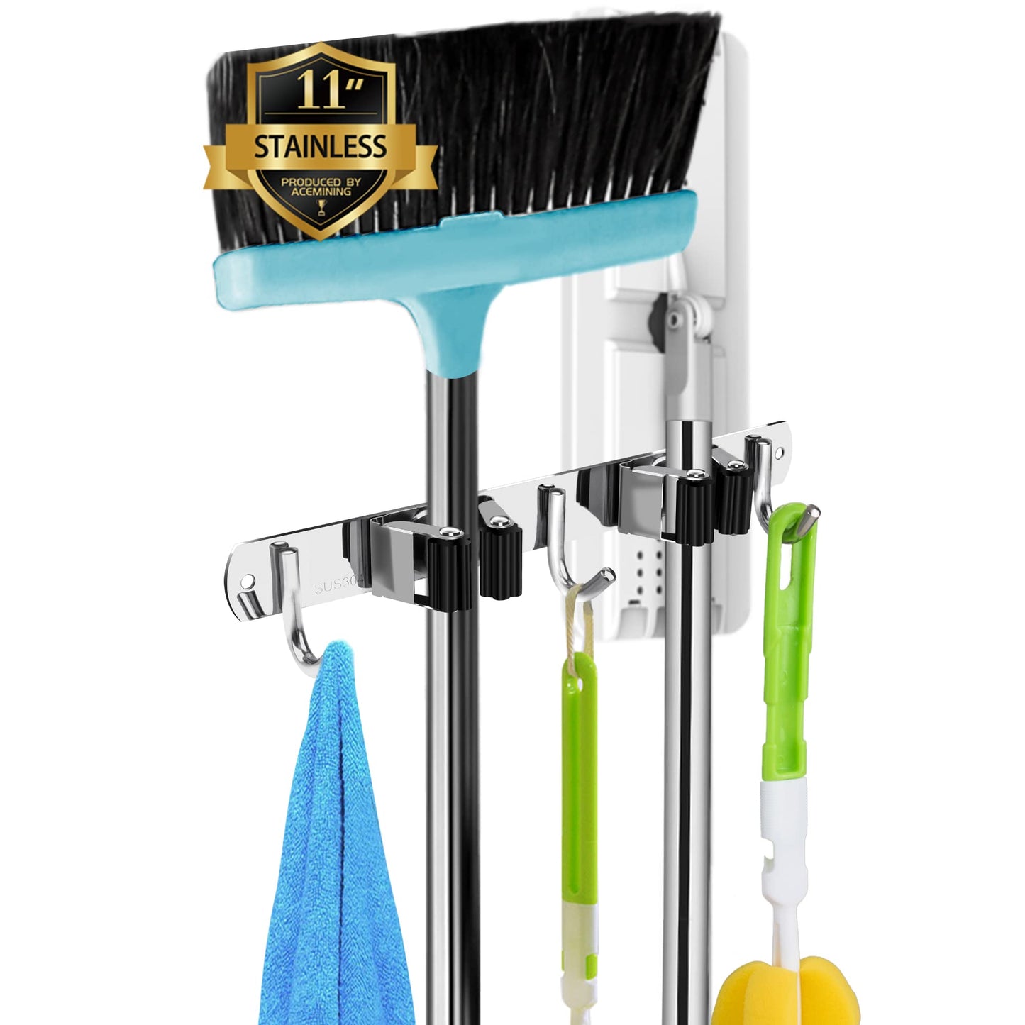 AceMining 5 Racks and 4 Hooks Mop and Broom Holder Wall Mount, Broom Organizer Storage Tool Racks Stainless Steel Heavy Duty Hooks Self Adhesive Solid Non-slip for Home Kitchen Garden Laundry Garage
