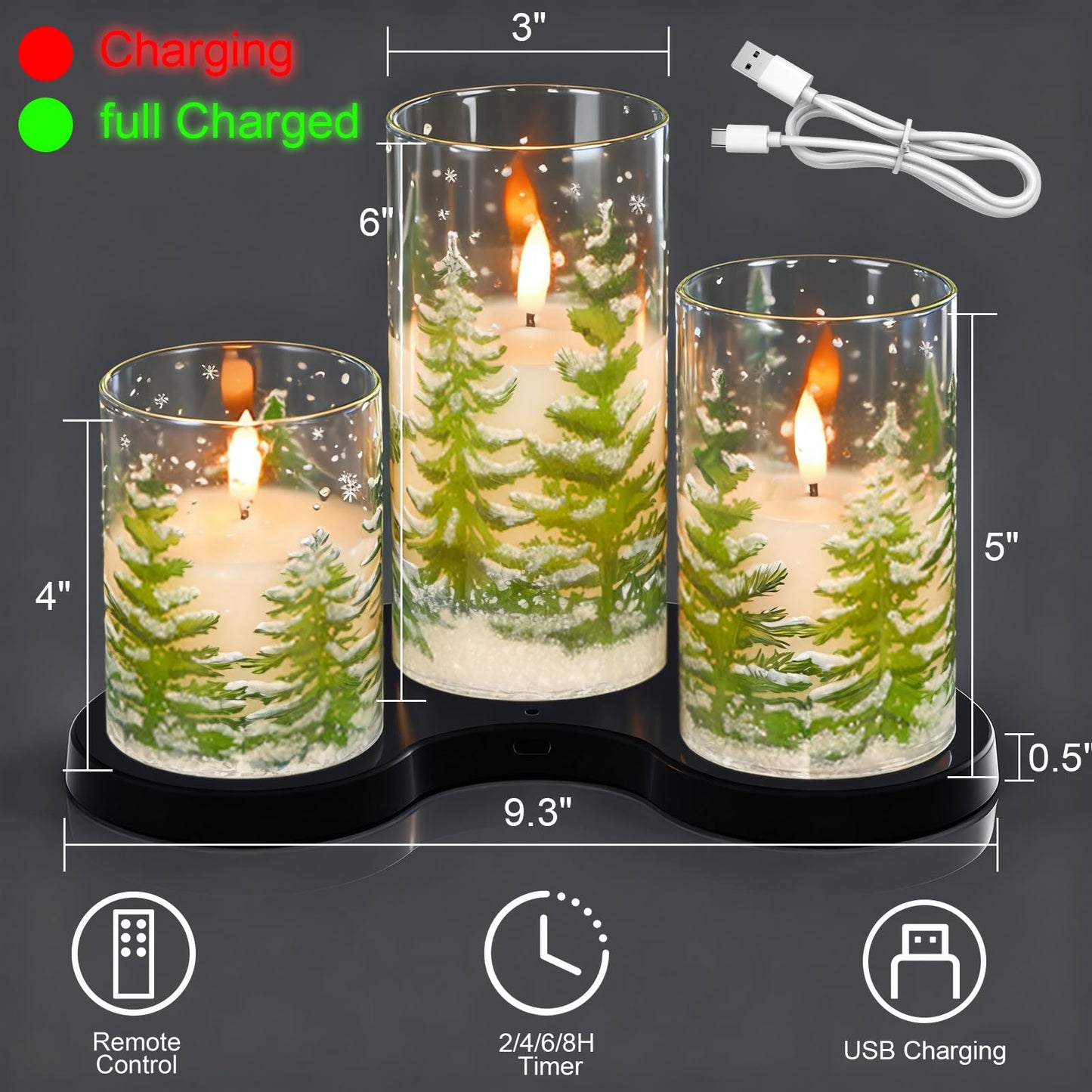 Wondise Rechargeable Christmas Glass Flameless Candles with Remote Timer, Battery Operated LED Real Wax 3D Wick Candles with Charging Base, Set of 3 Christmas Home Decoration Gifts(3 x 4 5 6 Inch)
