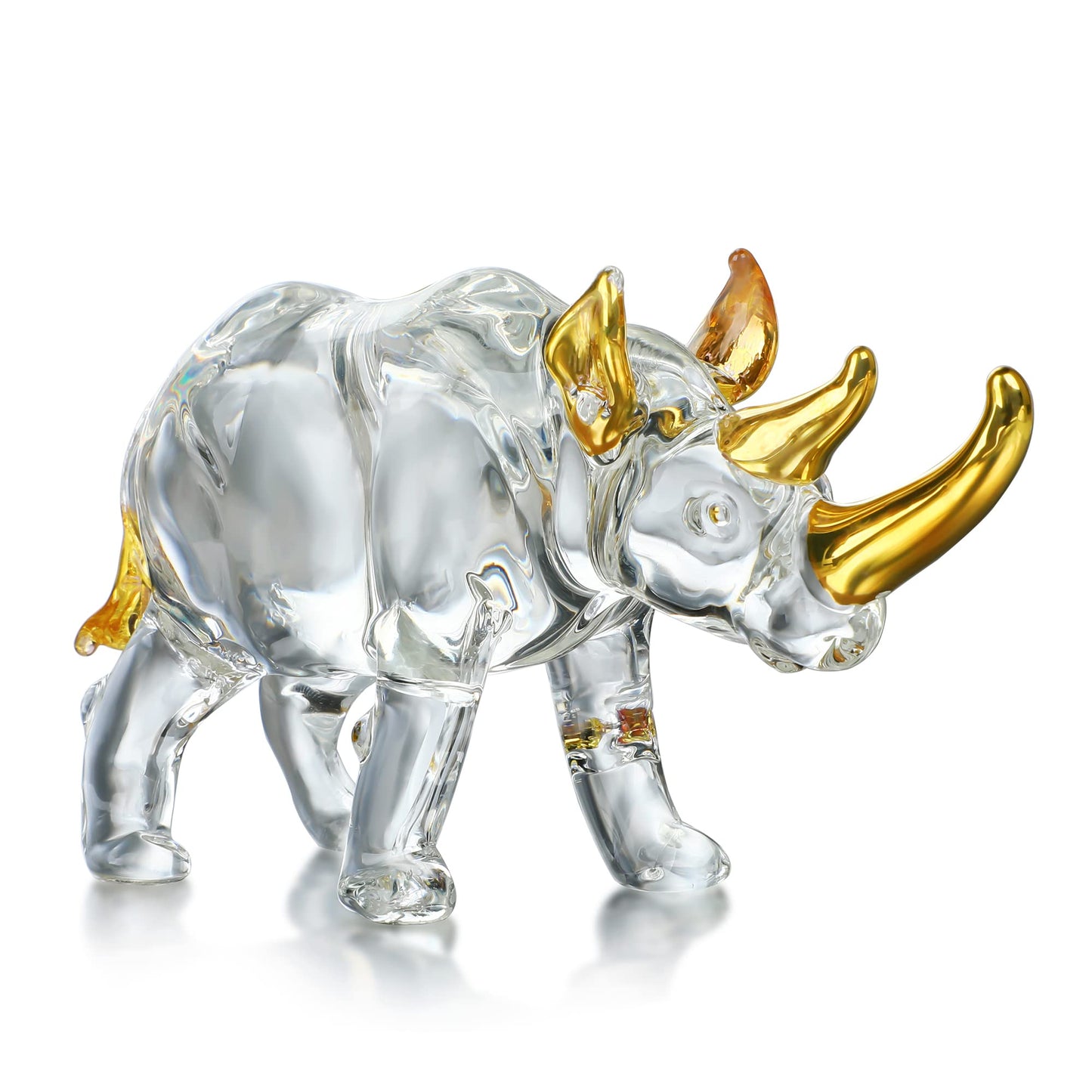 YU FENG 6'' Blown Glass Rhinoceros Animal Figurines Collectibles Crystal Art Rhino Wildlife Paperweight (Clear and Golden)