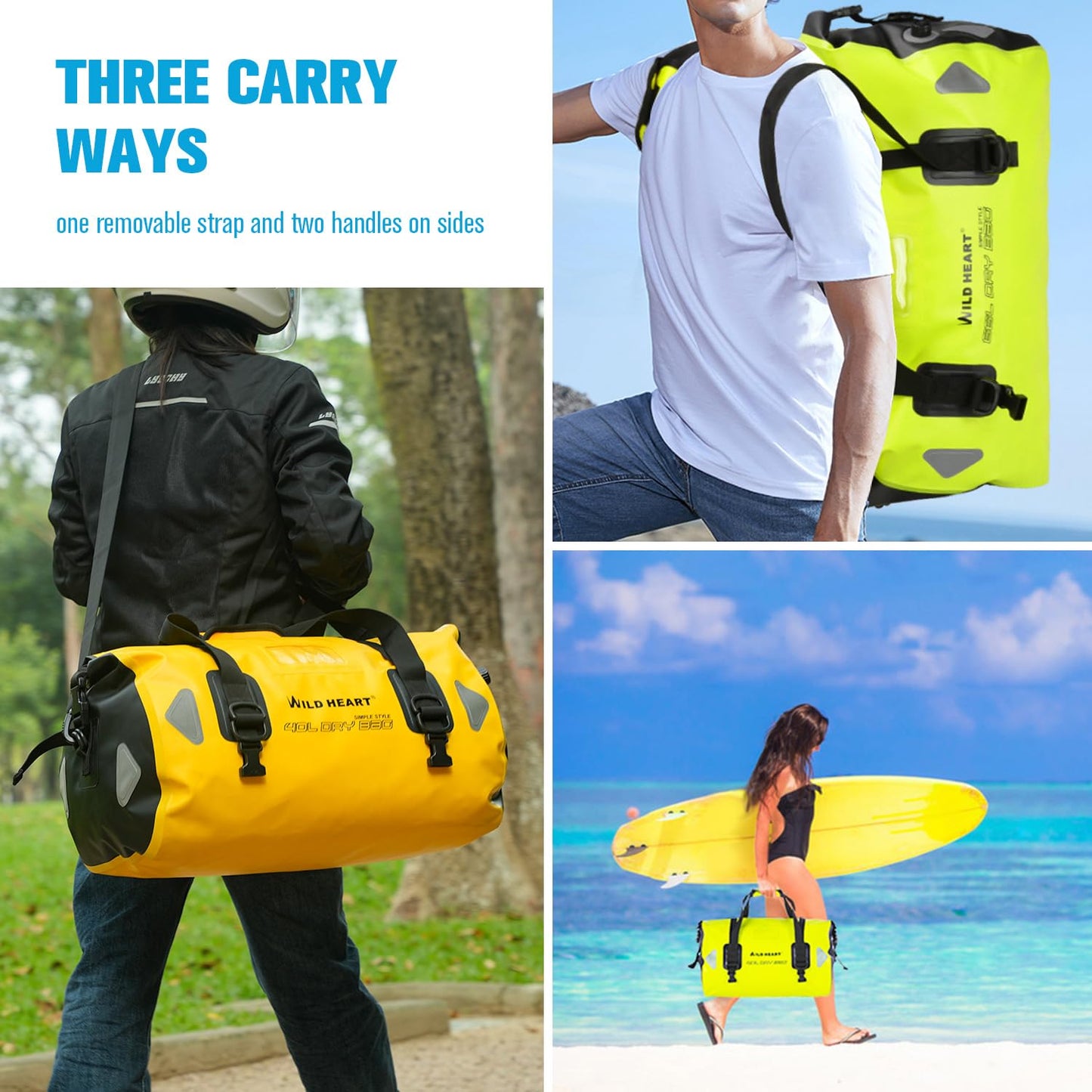 WILD HEART Waterproof Travel Bag PVC500D Double Base with Rope Strap and Inner Pocket 40L 66L 100L, Black, 40L, Waterproof Travel Bag