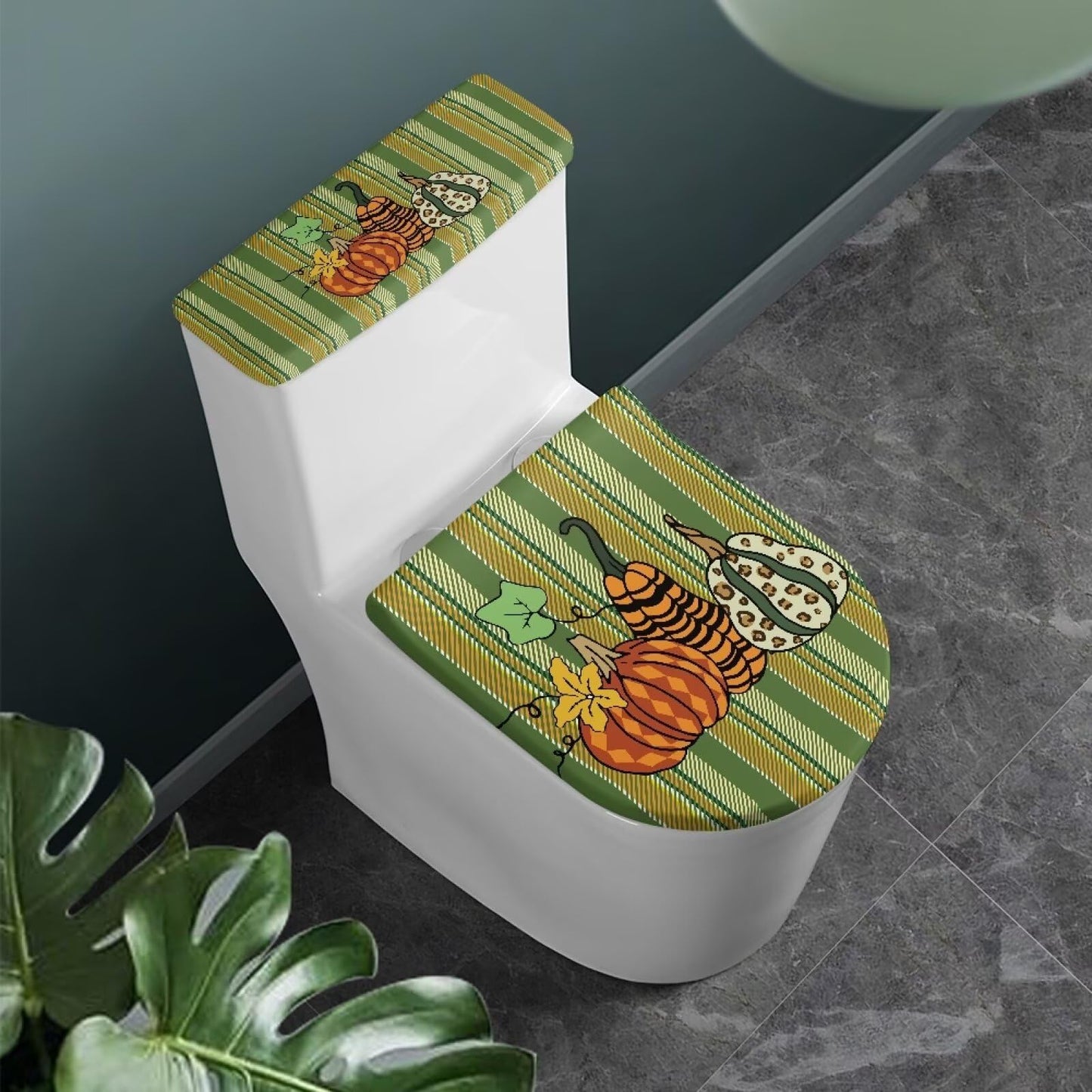 GLENLCWE Thanksgiving Pumpkin Toilet Seat Covers Set Red, 2 Pcs Green Dust-Proof Round Oval Toilet Lid and Tank Lid Covers for Bathroom Set