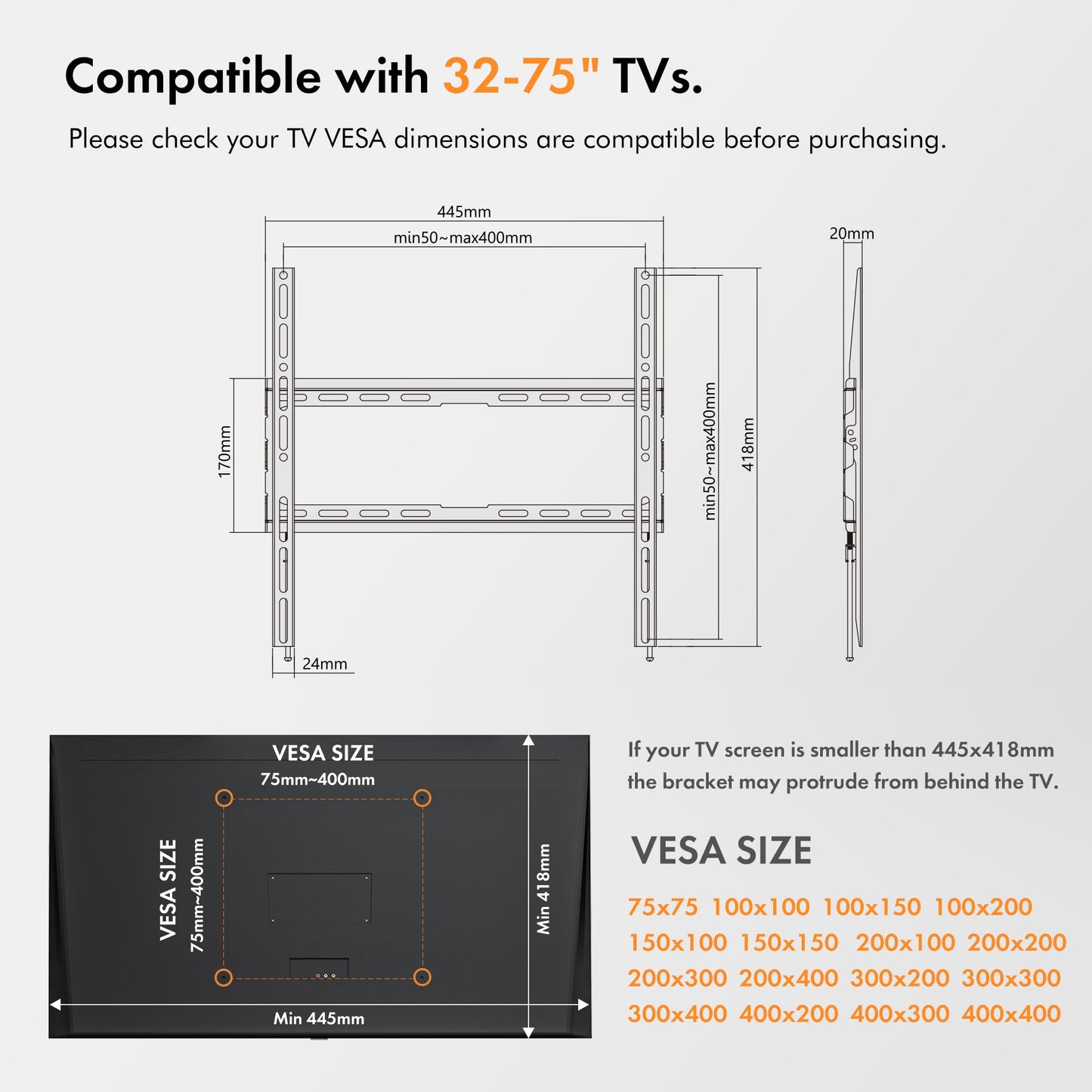 VonHaus TV Wall Bracket for 32-75" Screens, Ultra-Slim TV Bracket with Spirit Level, Flat to Wall Mount, 55kg Capacity, Max VESA: 400x400mm