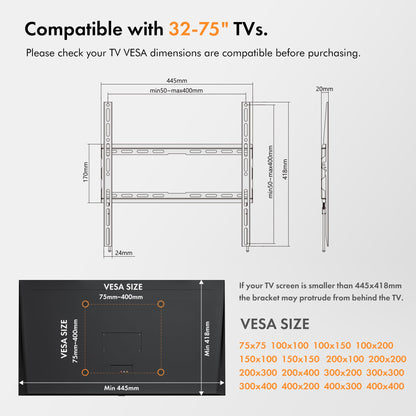 VonHaus TV Wall Bracket for 32-75" Screens, Ultra-Slim TV Bracket with Spirit Level, Flat to Wall Mount, 55kg Capacity, Max VESA: 400x400mm