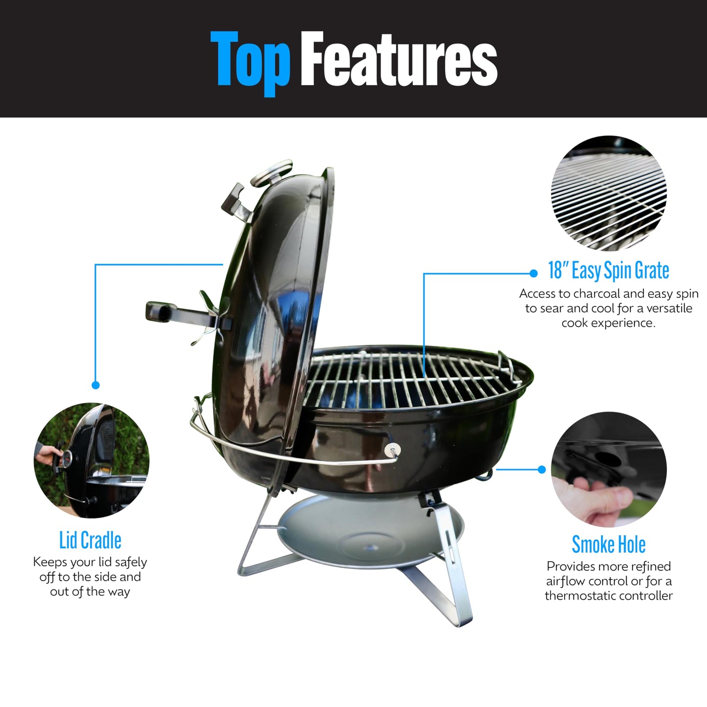 SnS Grills Slow ‘N Sear Travel Kettle, 2-Zone Cook Charcoal Basket and Easy Spin 18” Grate - Portable Charcoal Grill for BBQ Cooking - Travel Kettle 18”