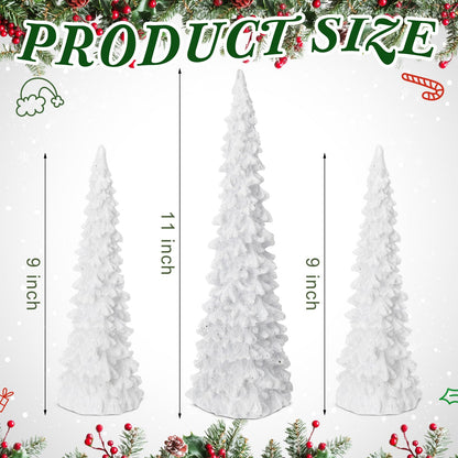 Flutesan 3 Pcs White Christmas Tree Figurines with Lights 11" /9" Tabletop Glittered Resin Village Pine Figurine Light Up Battery Operated Centerpieces Winter Holiday Decor for Table Mantel Home