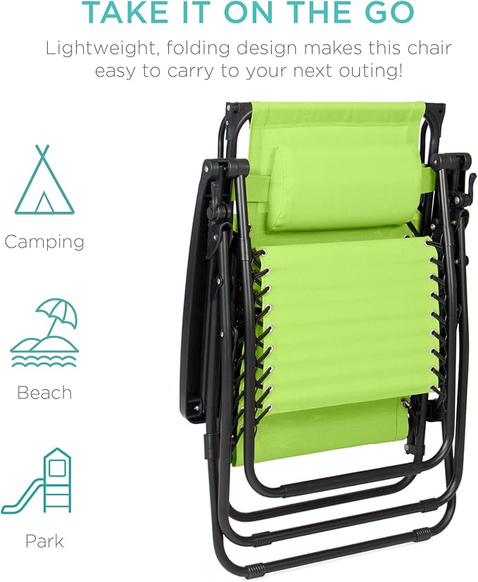 Best Choice Products Folding Zero Gravity Outdoor Recliner Patio Lounge Chair w/Adjustable Canopy Shade, Headrest, Side Accessory Tray, Textilene Mesh - Lime Green