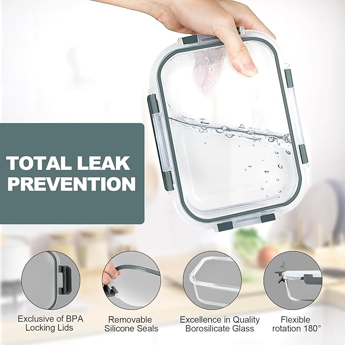 VERONES 10 Pack Glass Meal Prep Containers, Airtight Glass Lunch Containers