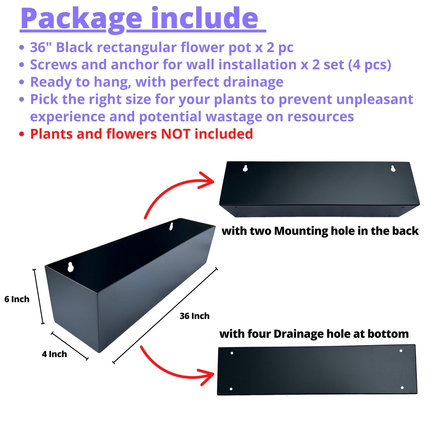 LaLaGreen Wall Planters (36 Inch, 2 Pack) Carbon Steel Black Metal Hanging Flower Pot for Succulents, Wall Mount Rectangular Long Window Sill Box Balcony Fence Floating Garden Shelf for Outdoor Decor