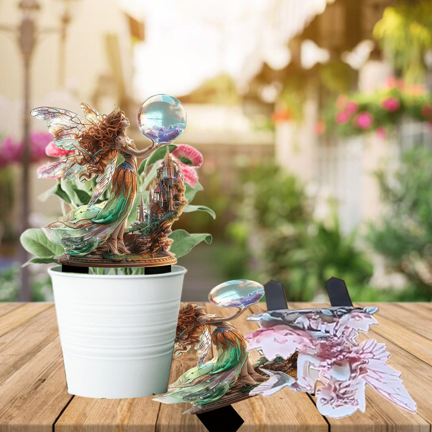 ANNUOZE Fairy Garden Stake Decor, 2D Flat Acrylic Fairy Garden Decor Panel, Elf Yard Sign for Outdoor Indoor Yard Lawn Plants Pots, Fairy Garden Accessories (Fairy with Crystal Ball)
