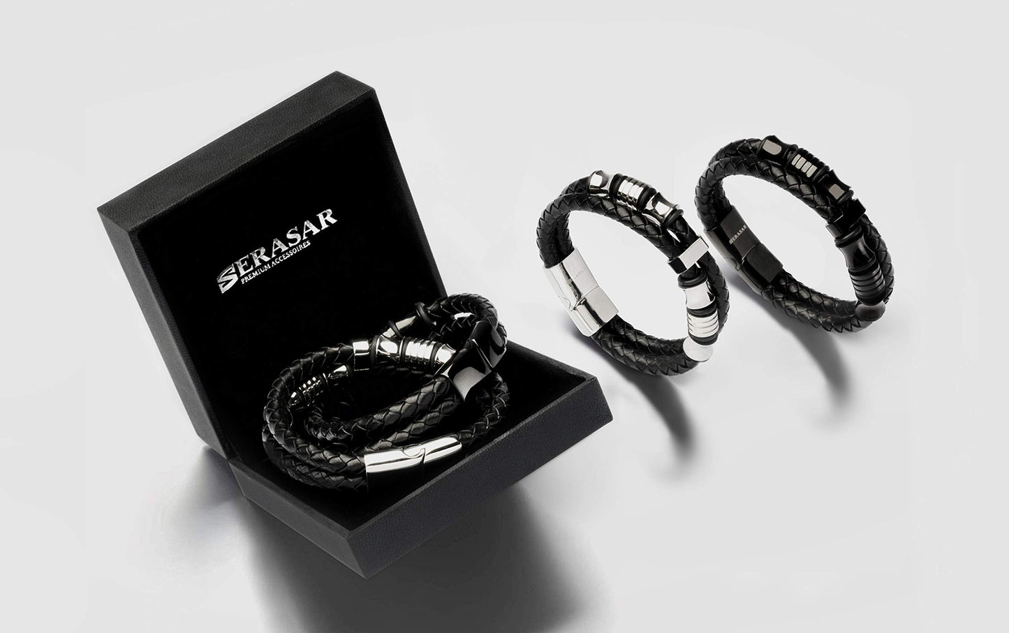 SERASAR 20cm Black Bracelet Mens GiftBox Genuine Leather Cowhide Braided AdjustAble Magnetic Clasp MultiLayer Wrap Jewellery Mans Male Bracelets Band Jewelry Magnet Accessories