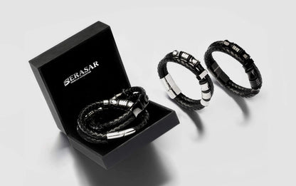 SERASAR 20cm Black Bracelet Mens GiftBox Genuine Leather Cowhide Braided AdjustAble Magnetic Clasp MultiLayer Wrap Jewellery Mans Male Bracelets Band Jewelry Magnet Accessories