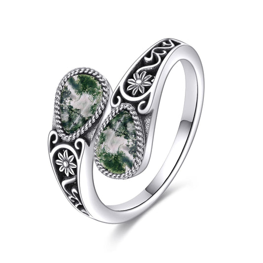 POPLYKE Sterling Silver Moss Agate Filigree Spoon Ring Vintage Thumb Rings Boho Adjustable Open Ring Statement Jewelry Gifts for Women