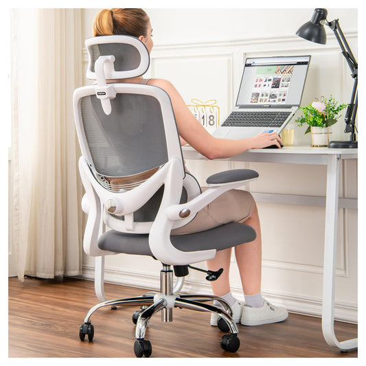 TONFARY Ergonomic Home Office Chair, High Back Mesh Desk Chair with Adjustable Lumbar Support, Flip-up Armrest, Removable Headrest, Swivel Computer Gaming Chair, Space Saving, 330LBS (White+Grey)