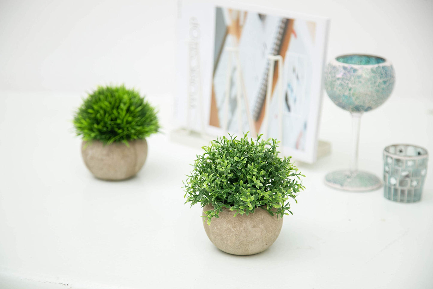 Velener 2Pcs Mini Artificial Boxwood Topiary Faux Plants Indoor- Small Fake Plants Decor Magnolia Home Office Desk Cubicle Farmhouse Kitchen Bookshelf Bedroom Bathroom Decor, Aloe Vera Zen Garden